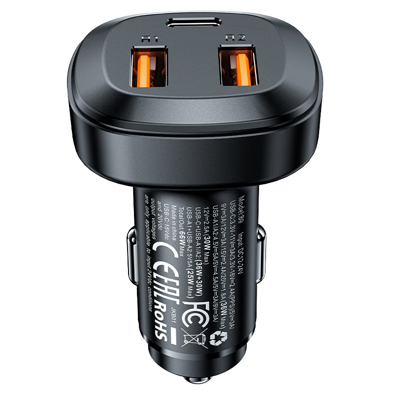 AceFast | 15879 | B9 | 66W(2Usb A+Usb C) Three Port Metal Car Charger | Black AceFast | 15879 | B9 | 66W(2Usb A+Usb C) Three Port Metal Car Charger | Black